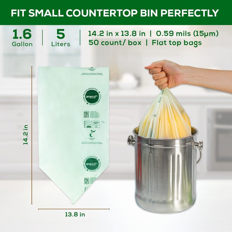 ANECO 100% Home Compostable Food Waste Bags (1.6 Gallon Trash