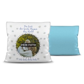PR Print Royal Cushion with Your Own Picture and Name for Mum – Blue/Photo Collage as a Gift Idea/Decorative Cushion/Decorative Cushion/Back Light Blue with Filling
