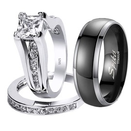 MABELLA His and Hers 3Pc Titanium Matching Band Pretty Women Princess Cut 925 Sterling Silver Wedding Ring Set Women's Size 8 Men's Size 10