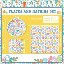 ZVK Easter Paper Plates and Napkins Set Disposable Party Supplies 9" Party Dinner Plates, 13" Party Napkins Easter Egg Paper Dinnerware Set Serve 30 for Easter Table Decorations
