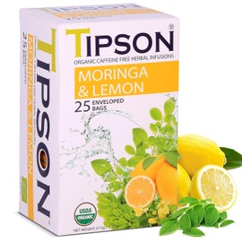 Tipson Organic Moringa Caffeine Free Herbal Tea - Lemon Flavor - 25 Premium Double Chambered Bags - Superfood - Keto/Paleo