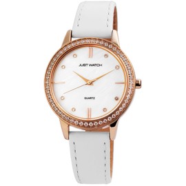 Just Watch JW192 Women's Watch Genuine Leather Rhinestone Analogue Quartz JW10035, White, Strap.