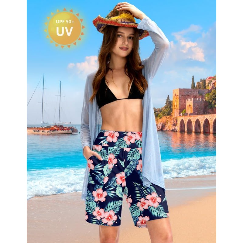 Viodia Women's 9" Long Swim Board Shorts with Pockets High