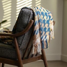 Boucle Home Yellow, White and Blue Houndstooth Throw Blanket | Large 55” X 67” Inches + 3" Tassels | Acrylic Couch, Sofa, and Bed Blanket | Interior Home Decor Design | Decorative Living Room
