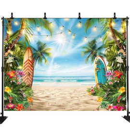 Summer Hawaiian Photography Backdrop Beach Tropical Flower Palm Leaves Surfboard Background Luau Aloha Party Birthday Decoration Banner Photo Booth Studio Prop 5X3FT