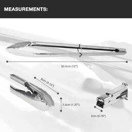 12” Stainless Steel Serving Tongs. Easy to Grip Handle with Locking Catch and Hanging Eye for Convenient Storage. Dishwasher Safe. Great for Serving Salads, Grilling Meats and Flipping Food in the Pan