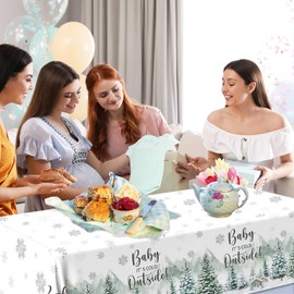 Winter Baby Shower Tablecloth Baby It's Cold Outside Baby Shower Decorations 3pcs Winter Woodland Plastic Tablecloth Rectangle Table Cover For Baby Shower Birthday Gender Neutral Party Decorations