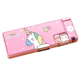 Wisecoco Pencil Case, Cute Cartoon Style, Double-Sided, Built-in Sharpener, Portable, Large Capacity, Large Pencil Case for Kids, School, pink