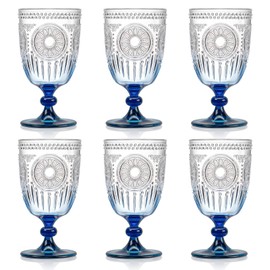 XUWAIDSGN Plastic Vintage Wine Glasses 13.5oz Reusable Embossed Goblet Glasses Retro Wine Glassware Unbreakable Stemmed Champagne Water Cups for Wine Cocktail Juice Wedding 6 Pcs Blue Gradient