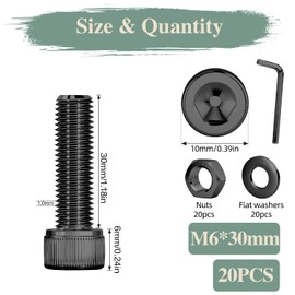 GOHODOMINO M6×30mm Socket Head Cap Screws, Nuts, Flat Washers, 20Pcs, 304 Stainless Steel 18-8, Fully Threaded Bolts, Black Oxide, with Hex Spanner