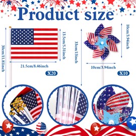 HOWAF 4th of July Accessories USA Patriotic Decorations, 20 Small American Flags On Stick and 10 Patriotic Pinwheels for Independence Day, Memorial Day, Labor Day, Red White and Blue Party Supplies