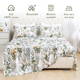 Lady Ann Floral Twin Sheets 100% Cotton-Green and Yellow Flowers Pattern Printed Bed Sheets Cotton Floral Bedding 4 Pieces Super Soft Breathable Aesthetic Kids Sheets with 17.5" Deep Pocket