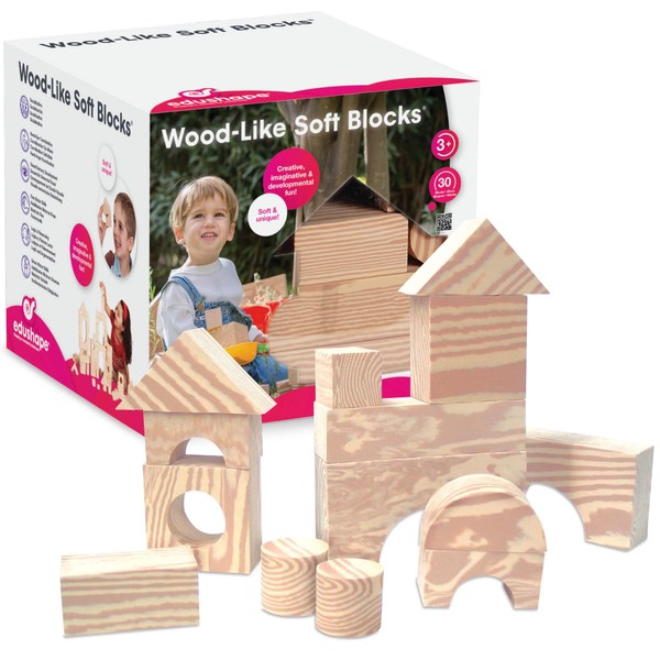 Edushape Wood-Like Soft Baby Blocks for Toddlers 1-3, 30 Pieces Regular Size - Edu-Blocks Soft Blocks Foam Blocks - Stacking Blocks Building Blocks for Daycares and Preschools