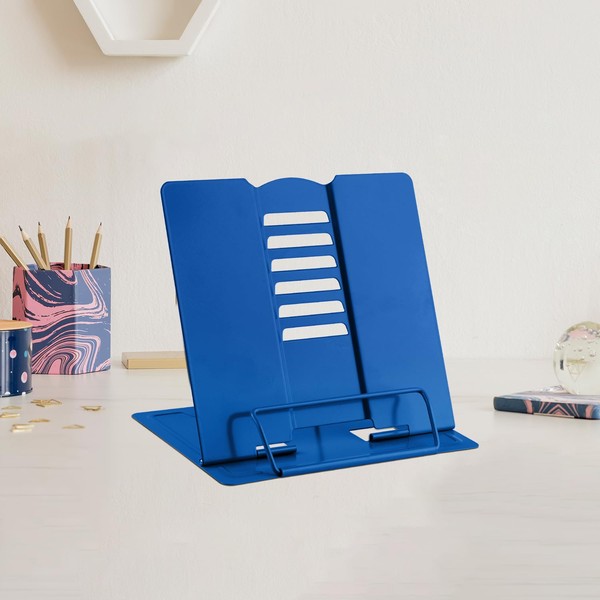 Mini Metal Book Stand Reading Book Holder Lightweight Cook Book Stands Portable Textbook Holders Adjustable Recipe Document Stand Tablet Music Book Stands&Holders(Dark Blue)