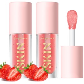 LANGMANNI Hydrating Lip Glow Oil,Moisturizing Nourishing Lip Oil,Light Colour Gloss Tinting And Non-sticky Lip Oil For Dry Lips Lip Care (Strawberry 2Pcs)