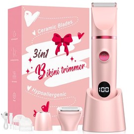 Bikini Trimmer for Women, 3-in-1 Electric Razors for Women, IPX7 Waterproof Rechargeable Cordless Pubic Hair Shaver, with LED Display, for Ladies Bikini Pubic, Face, Underarms, Legs(Pink)