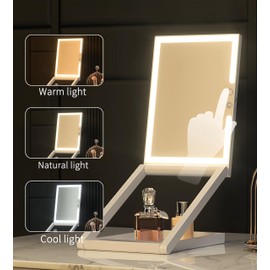 ZDIFOPLEX Travel Makeup Mirror with Lights Adjustable Height 1x/10x Magnifying Mirror 3 Colors Lighting Dimmable Folding Compact Cosmetic Vanity Mirror Base Storage Portable Make Up Tabletop Mirror