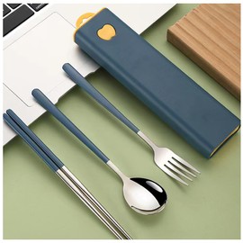 Stainless Steel Sliding Case for Easy Operation, Portable, For Students, Adults, School Meals, Lunch Outdoors, Camping, Chopsticks, Spoons, Fork Set, Bento Cutlery Set (Dark Green)