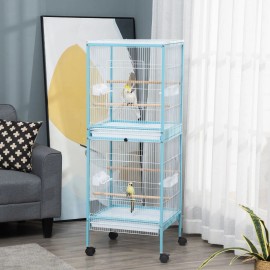 55" 2-in-1 Iron Blue Bird Cage Wheels Snap Button Solid Eco-Friendly Easy-Cleaning Aviary for Parakeets Finches Budgies ParrotsColor: Blue Color