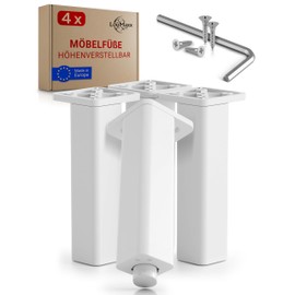 LouMaxx Furniture Feet Height Adjustable - Set of 4 38 x 38 x 150 mm in White Including Mounting Plate - Feet for Cabinets Suitable as Kallax Feet - High-Quality Cabinet Feet for Individual DIY