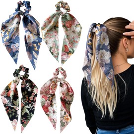 Qigfucm Boho Hair Scarf Scrunchies, 12” Floral Satin Bow Ties Long Bandana, French-Inspired Cheetah Ribbon Ponytail Holder Hair Accessories (Spring Flower, 4 Pack)