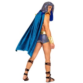 Adult King of Egypt Costume | Mens 4PC Hot Egyptian Pharaoh Gold Outfit, Headdress, Harness Attached Shoulders & Cape Small