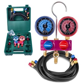Hongsen HM2-SM-02-A Mini HVAC Manifold Gauge Set with 5FT Black Hoses, R410a Adapter, Metal Knob, Explosion-Proof Lens, and Repair Kit, for R410A, R32, R22, and R134a AC Charging Systems