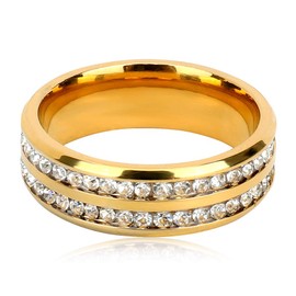 LEEYA NL10 Mens Womens 8MM Titanium Stainless Steel High Polished 18K Gold Plated Channel Set Cubic Zirconia CZ Promise Engagement Band Unisex Gold Wedding Ring Comfort Fit, Size 6-13 (6, Gold)