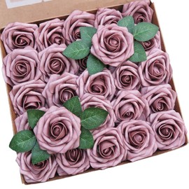 Artificial Rose Flowers 25pcs Dusty Real Looking Foam Rose Fake Flowers with Stem/Leaves for DIY Wedding Bouquets Centerpieces Floral Arrangments Home Party Decorations