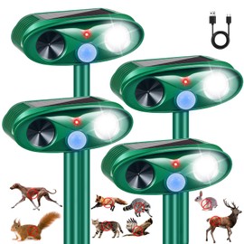 4Pack Upgraded Ultrasonic Solar Animal Repellent Outdoor,Deer Repellent Devices with Motion Detection & Strobe Light,Waterproof Cat Mouse Raccoon Dog Rabbit Deterrent for Yard Garden Protection