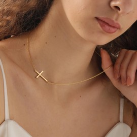Poxtex Sideways Cross Necklace for Women Trendy 14K Gold Plated Cross Pendant Necklace Dainty Simple Gifts Accessories Jewelry Christian Stuff for Women Girls