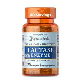 Puritan's Pride Lactase Enzyme, Milk and Dairy Digestant, Dietary Supplement Support for Digestion, and Cellular Energy Support, 40 Day Supply, 120 Softgels