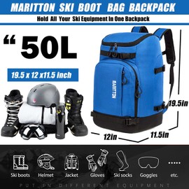 MARITTON SIK Boot Bag - Ski Boots and Snowboard Boots Travel Backpack for Ski Helmet, Goggles, Gloves, Skis, Snowboard & Accessories. (Blue)