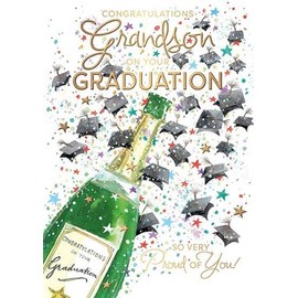 Words 'n' Wishes Grandson Graduation Congratulations Card - 'So Proud of You!' Mortar Boards & Champagne Bottle Embossed with Foil Details - Eco-Friendly - Made in Great Britain