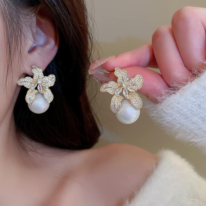Blooming Flower Drop Cubic Zirconia Big Round Pearl Stud Earrings