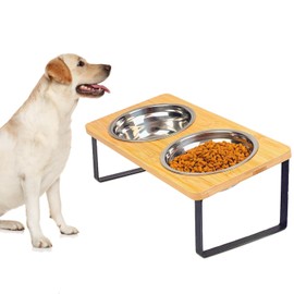 FTKINGDER Elevated Dog Bowl - Double 50 oz Bowls,Bamboo 15° Tilted Raised Dog Bowl Stand with 2 Stainless Steel Bowls Suitable for Feeding Small and Medium-Sized Dogs and Adult Cat