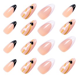 Press on Nails Almond Medium 24Pcs French Tips Glossy Full Cover Acrylic Nude False Nails with Heart Designs Glue on Nails Artificial Valentine's Day Fake Nails Stick on Nails for Women Girls