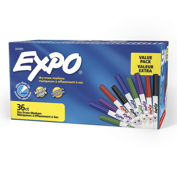 EXPO Low-Odor Dry Erase Markers, Ultra Fine Tip, Assorted Colors, 36-Count