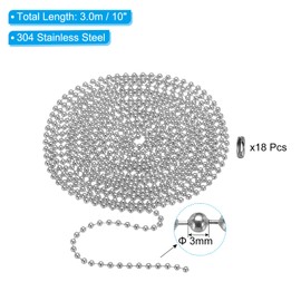 PATIKIL 3.0M 304 Stainless Steel Ball Chain 3mm Ball Chain Beads with 18 Matching Connector Clamps for Necklace Hanging Tag Ring DIY Craft