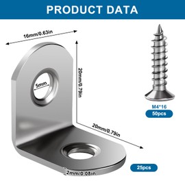 VooGenzek 25 PCS 20x20x16x2 mm L Brackets, Corner Brackets, 90 Degree Right Angle Brackets Fastener, Stainless Steel L Shaped Corner Braces, with 50 PCS Screws, for Furniture Desk Table Shelf