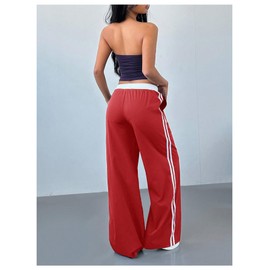 WDIRARA Women's Wide Leg Baggy Sweatpants Side Striped Number Graphic Track Pants with Pockets Red Large
