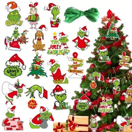 32 Pcs Grinch Tree Decorations, Grinch Christmas Decorations with Cords, Grinch Decorations, The Grinch Christmas Decorations for Hanging on Christmas Tree,Winter Holiday Party Supplies (with Lanyard)
