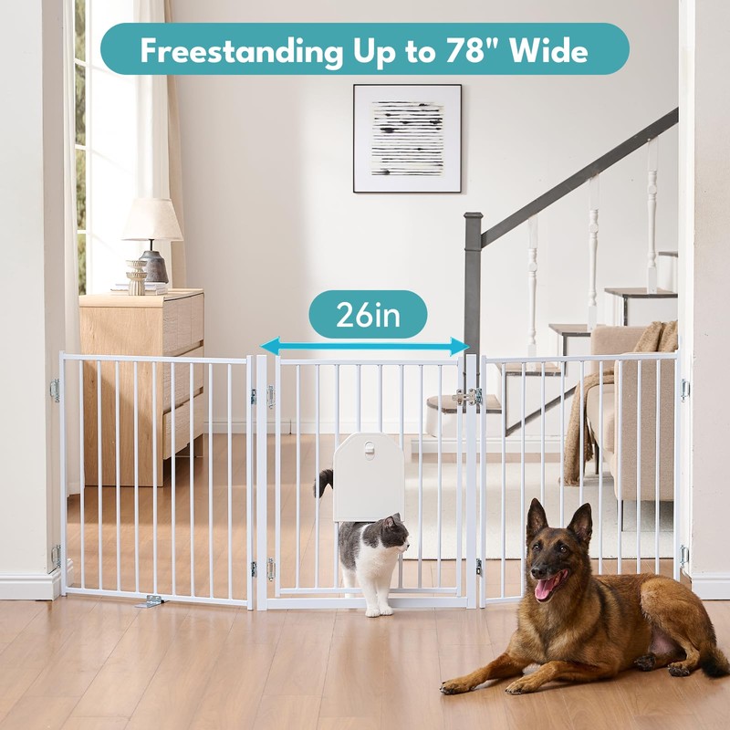 No Pawblems Freestanding Dog Gate with Cat Door for Indoor