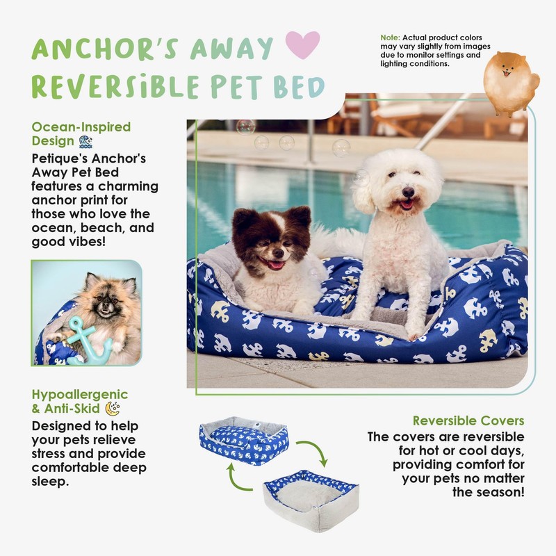 Petique Anchor's Away Reversible Pet Bed, Blue, Small
