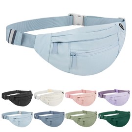Frenou Large Waist Bag With 4-Zipper Pockets-Fanny Pack For Women And Man-Crossbody Belt Bag With Adjustable Strap For Travel Running Hiking Walking Workout Light Blue