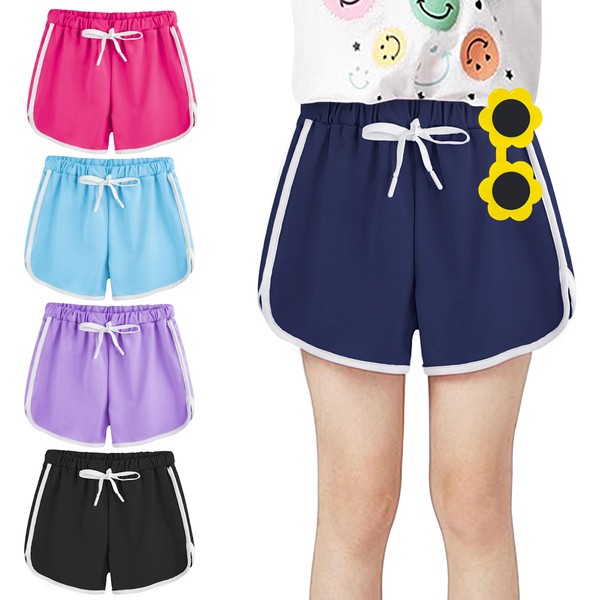 ZukoCert 5 Pack Girls Athletic Shorts with Drawstring,Girls Dolphin Shorts,Dry