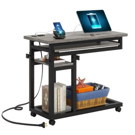 LITTLE TREE Small Computer Desk with Power Outlet, Heigh Adjustable Laptop Desk, Portable Desk for Home Office, Sofa Couch Bedside Laptop Table with Wheels, Perfect Petite Bureau de Travail