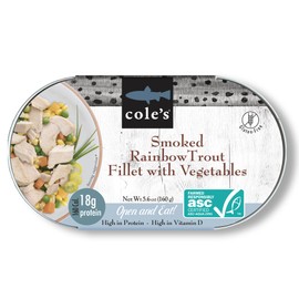 COLE’S - Smoked Rainbow Trout Fillet with Vegetables | Ready to Eat Meal | 5.6 oz Hand-Packed Canned Fish | 18g Protein | High in Vitamin D | 1 unit