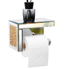 TACIDON Crystal Crush Diamond Toilet Paper Holder with Mirrored Shelf. Gold Modern Toilet Paper Holder Wall Mounted, Glamorous Mirror Toilet Paper Roll Holder for Bathroom Washroom.