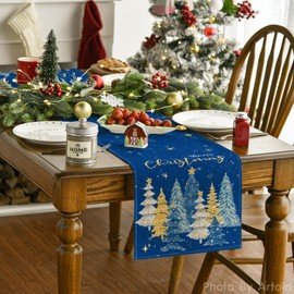 Artoid Mode Xmas Trees Merry Christmas Table Runner, Seasonal Winter Blue Kitchen Dining Table Decoration for Home Party Decor 13x72 Inch